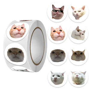 Funny Cat Meme Emoji Decorative Stickers Round Adhesive Sealing Labels For Gift Packaging Diary Scrapbook Stationery Stationery Ornament
