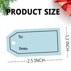 Detailed view of a light blue 2.5x1.2 inch adhesive gift tag sticker with To and From fields