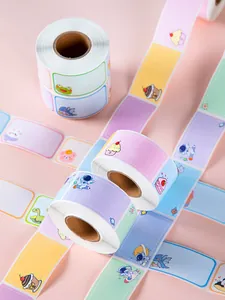 Detailed view of colorful cartoon self-adhesive name labels for school and office