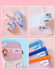 Detailed view of colorful cartoon name labels applied to various school stationery and bags