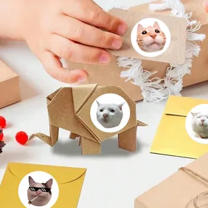 Close-up of funny cat meme stickers used for gift wrapping and envelopes.