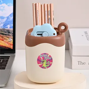Macro view of a colorful cartoon crocodile reward sticker applied on a stylish desk organizer