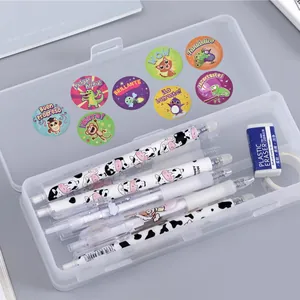 Detailed view of colorful Spanish reward stickers on a transparent stationery case