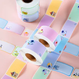 Variety of colorful cartoon self-adhesive name stickers for kids featuring cute designs