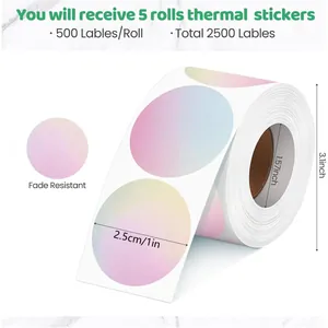 Detalle de etiquetas térmicas redondas degradadas con diámetro de 1 pulgada y 2,5 cm