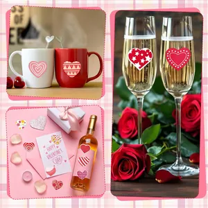 Valentinstag-Herzaufkleber auf Sektgläsern, Tassen und Geschenks-Weinflaschen.