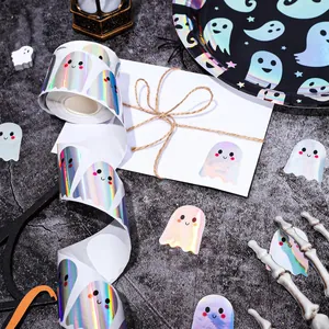 Detailed shot of iridescent holographic ghost stickers for Halloween decorations