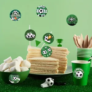 Soccer themed round stickers used for sports party food and drink decoration