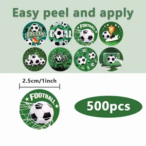 Detail view of 500 pieces green football soccer theme stickers showing 2.5cm diameter size