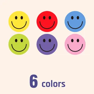 Set of six colorful round smiley face stickers in vibrant tones for children rewards