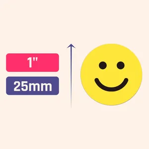 Detail view showing 25mm (1 inch) diameter of yellow smiley face reward sticker.