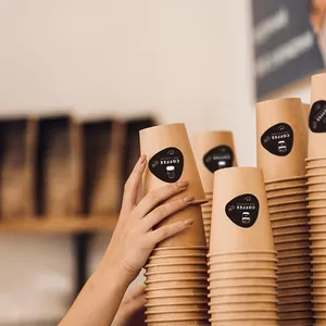 Black coffee stickers with HAVE A NICE DAY text on kraft cups for coffee shop decoration