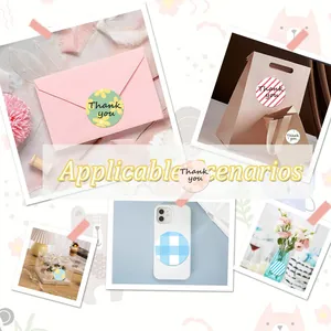 Various floral and striped round thank you seal stickers shown on envelopes and gift packaging