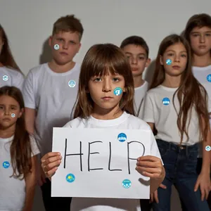 Detailansicht der blauen Schleifen-Aufkleber auf Kindern und einem 'HELP'-Schild.