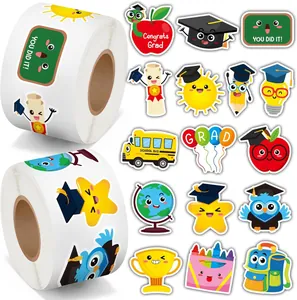 Detail view of 500pcs graduation reward stickers with cartoon school bus and cap