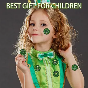 Child model wearing festive St. Patrick's Day clover stickers for holiday celebration