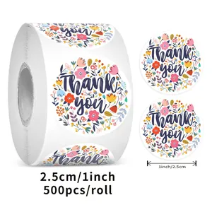 Rouleau d'autocollants Thank You fleuris, 2,5 cm de diamètre, 500 étiquettes pour cadeaux