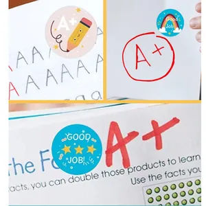 Detalle de pegatinas de recompensa para maestros con texto A plus y Good Job en hojas de papel