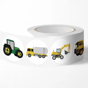 Detailed view of a roll of round cartoon vehicle stickers for kids' decoration.