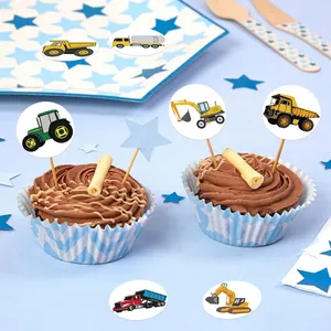 Construction vehicle themed cupcake toppers and stickers for kids party decorations