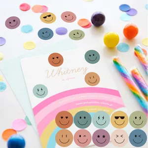 Macro detail of various colorful smiley face stickers on a birthday invitation card