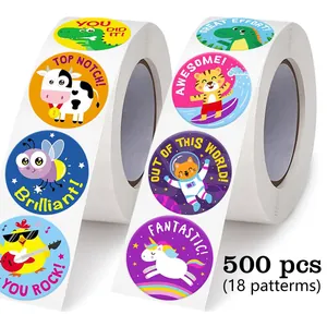 Detail view of colorful cartoon animal reward sticker rolls for kids and teachers