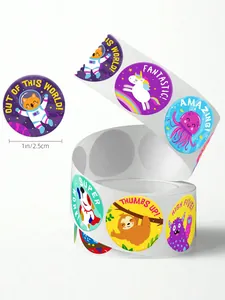 Close-up view of circular cartoon animal reward stickers with 2.5cm diameter size label