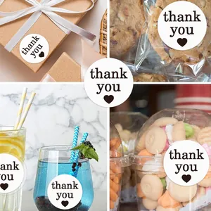 Round white thank you adhesive stickers with heart for gift and baking packaging seal