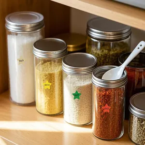Detailed view of colorful star-shaped stickers used as labels on glass kitchen spice jars