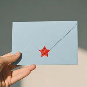 Macro view of a red glittery star shaped adhesive sticker sealing a blue envelope