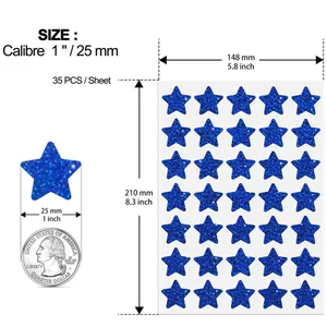 Detailed dimensions for blue glitter star stickers showing 35 pieces per sheet