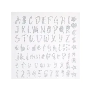Hoja de pegatinas de letras y números plateados con purpurina para decoración DIY