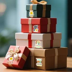 Detailed view of colorful daisy Thank You stickers on various gift box packaging