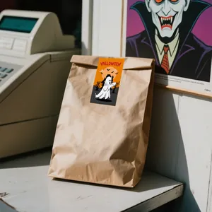 Nahaufnahme eines Halloween-Aufklebers mit Gespenst auf einer Papiertüte für DIY-Deko