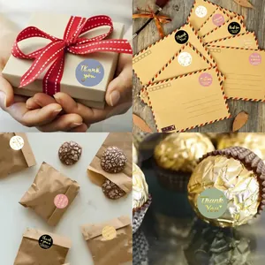 Vintage Thank You stickers shown in multiple usage scenarios for gifts and envelopes.