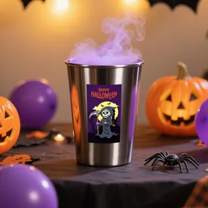 Detail eines Halloween-Sensenmann-Aufklebers auf einem Edelstahlbecher mit festlicher Deko