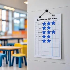 Blue glitter star reward stickers applied on a classroom commendation chart for kids
