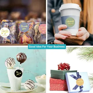 Lifestyle scenes showing gold foil thank you stickers on gift boxes and coffee cups