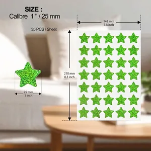 Detailed size guide for green glitter star stickers, 35 pieces per sheet, 25mm diameter.