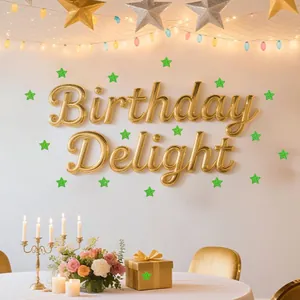 Green glitter star stickers applied to walls and gifts for festive birthday decoration.