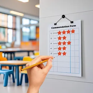Red star reward stickers applied on a commendation form in a classroom setting