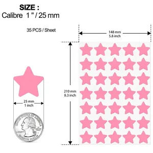 Detailed view of pink star stickers dimensions and 35 counts per sheet layout