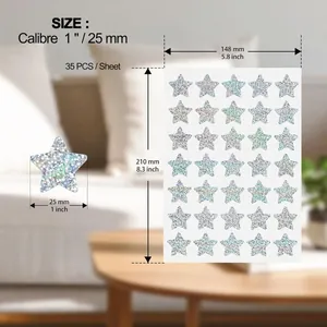 Detailed dimensions for 25mm laser star reward stickers, featuring 35 pieces per sheet.
