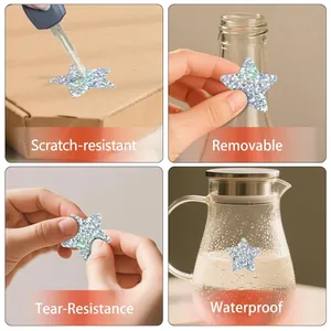 Detail showing scratch-resistant, removable, and waterproof holographic star stickers