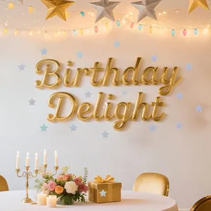 Golden Birthday Delight letter stickers and laser silver stars for party wall decoration
