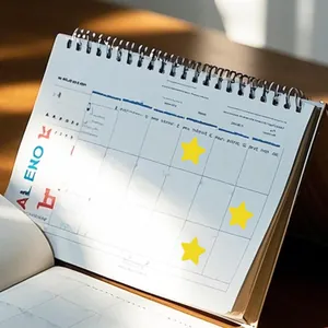 Detail shot of yellow star reward stickers on a white spiral-bound planner grid