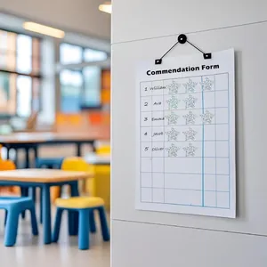 Detail view of glittery laser star stickers on a reward chart in a classroom