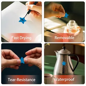 Feature collage of blue star stickers showing waterproof and tear-resistant properties.