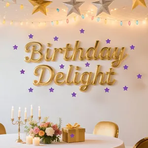 Glittery purple star stickers applied on a wall for a festive birthday celebration theme.