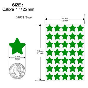 Dimension guide for green star reward stickers, 1 inch calibre, 35 pieces per sheet